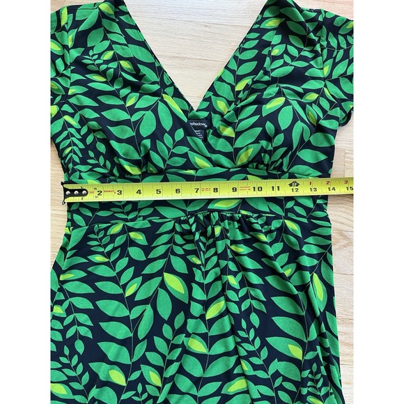 Green Leaf Nature Print Midi Dress Boho Garden Party VNeck Padded Retro Y2K S - Picture 8 of 10